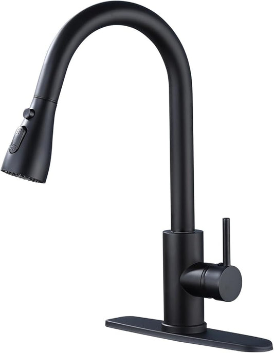 Kitchen Faucet with Pull Down Sprayer，Black Kitchen Sink Faucet，High Arc Single Handle Classic Stainless Steel Sink Faucet，1 or 3 Hole,Suitable for Farmhouse Camper Laundry Rv Bar