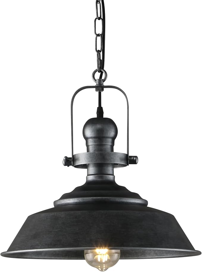 14.2 Inch Silver Black Farmhouse Pendant Light for Kitchen Island, Rustic Industrial Hanging Ceiling Light with Hand-Painted Finish, Modern Bar Lighting for Dining Room & Porch