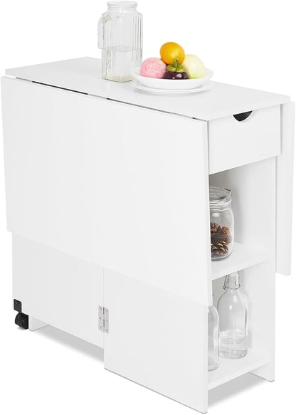Folding Dining Table, Drop Leaf Table for Small Space with Drawer and Open Storage Shelves, Modern Rectangular Kitchen Dining Table, 47.2" L x 28.3" W(White)
