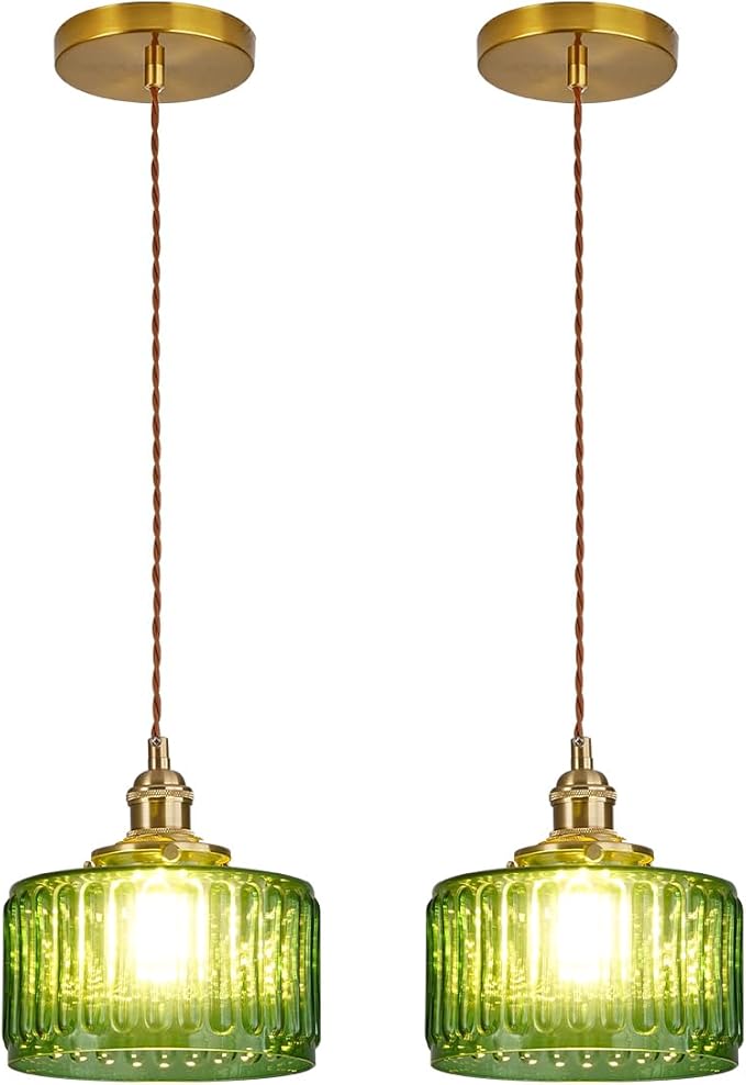 Lighting Green Pendant Light Mid Century Modern Hanging Light with Green Striped Glass Shade Vintage Kitchen Island Pendant Lights Gold Ceiling Pendant Light for Dining Room Bedroom