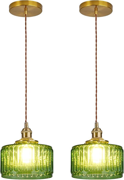 Lighting Green Pendant Light Mid Century Modern Hanging Light with Green Striped Glass Shade Vintage Kitchen Island Pendant Lights Gold Ceiling Pendant Light for Dining Room Bedroom