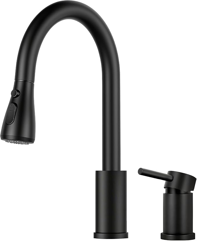 Pull Down Kitchen Faucet 2 Hole - Matte Black Single Handle Kitchen Faucets, High Arc Stainless Steel Pull Out Kitchen Sink Faucet for RV Laundry Farmhouse Bar