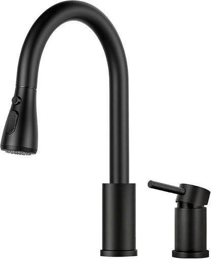 Pull Down Kitchen Faucet 2 Hole - Matte Black Single Handle Kitchen Faucets, High Arc Stainless Steel Pull Out Kitchen Sink Faucet for RV Laundry Farmhouse Bar