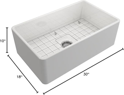 BOCCHI Classico White Apron Front Fireclay 30 in. Single Bowl Kitchen Sink with Protective Bottom Grid, Strainer, and Chrome Faucet