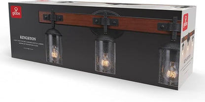 GLOBE Electric 51854 Kingston 3-Light Vanity Light, Dark Faux Wood, Galvanized Metal Accents, Clear Seeded Glass Shade, Bulb Not Included
