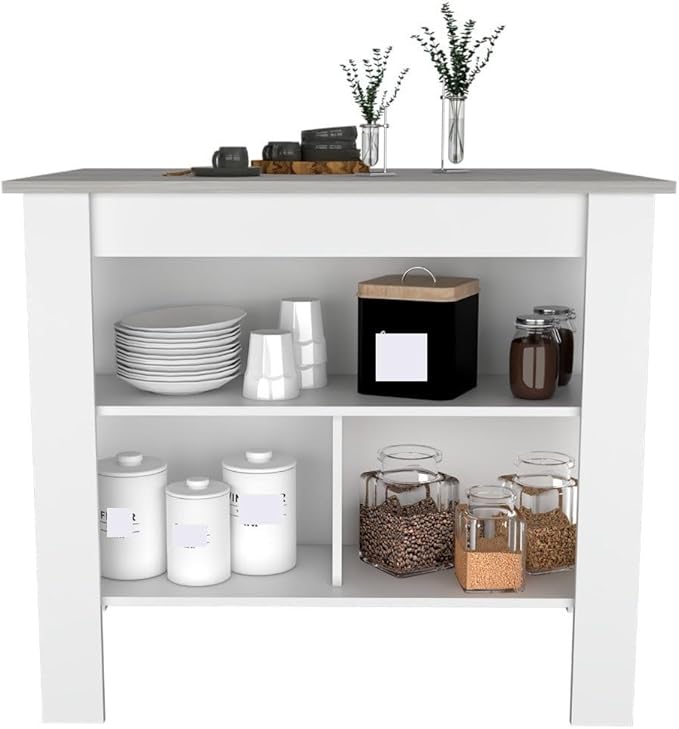Kitchen Island Kitchen Table 35" H Four Legs with 3 Open Storage Shelves Wide Top for Meal Prep Spacious Leg Room Practical(Gray White)