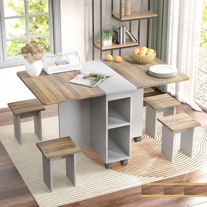 Brown Folding Drop Leaf Dining Table Set for 4 with 4 Chairs, Space Saving Kitchen Table with Storage Shelf, 55"L x 31"W x 29"H Foldable Table on Wheels, Portable Small Dining Table for Apartment RV