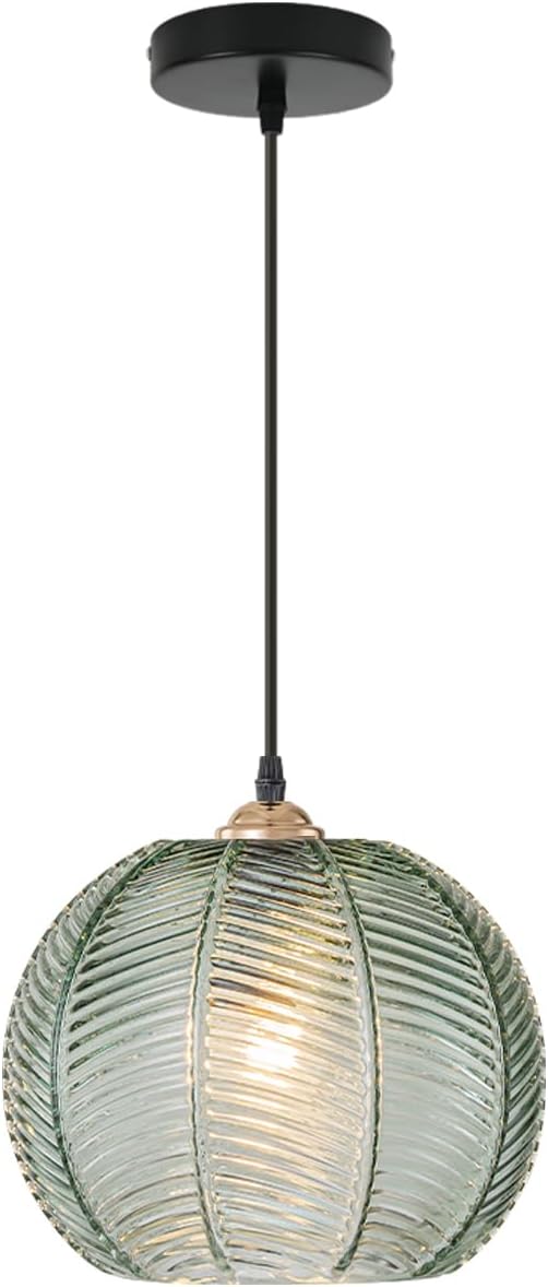 Green Glass Globe Pendant Light Fixture, Mid Century Modern Adjustable Height Hanging Pendant Lighting, Vintage Pendant Lamp for Kitchen Island Dining Room Living Room Bedroom