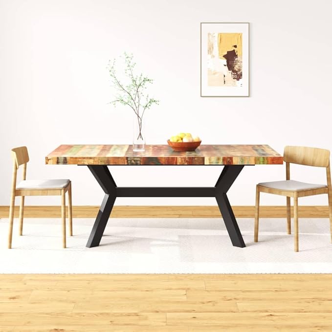 Solid Reclaimed Wood Dining Table Rectangular Shape Multicolor Industrial Style 70.9" L x 35.4" W x 29.9" H Comfortably Seats 6 for Modern Dining Rooms Family Gatherings and Casual Meals