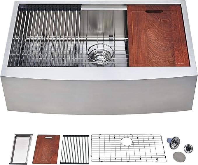 IKEBANA 33 x 20 Inch Farmhouse Kitchen Sink, 16 Gauge Stainless Steel Apron Front Workstation Undermount Single Bowl Sink with Accessories