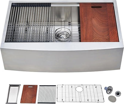 IKEBANA 33 x 20 Inch Farmhouse Kitchen Sink, 16 Gauge Stainless Steel Apron Front Workstation Undermount Single Bowl Sink with Accessories