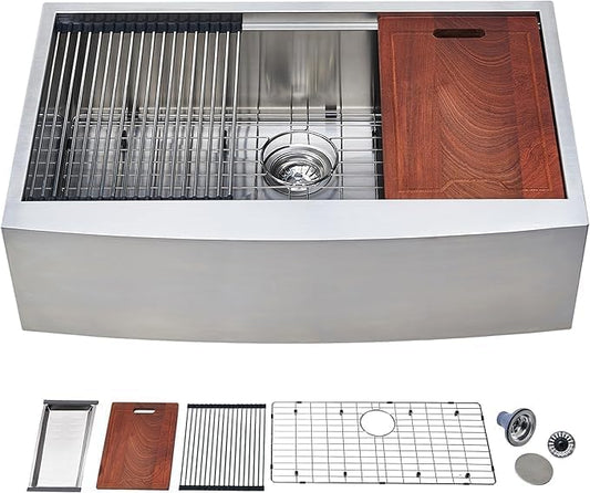 IKEBANA 33 x 20 Inch Farmhouse Kitchen Sink, 16 Gauge Stainless Steel Apron Front Workstation Undermount Single Bowl Sink with Accessories