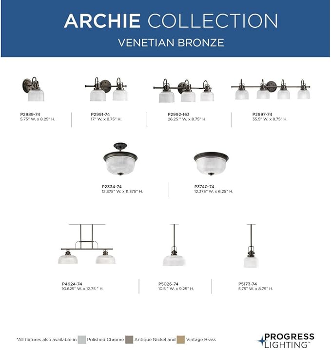 Progress Lighting P2991-74 Archie Collection Clear Double Prismatic Glass Coastal Bath Vanity, 2-Light, Venetian Bronze