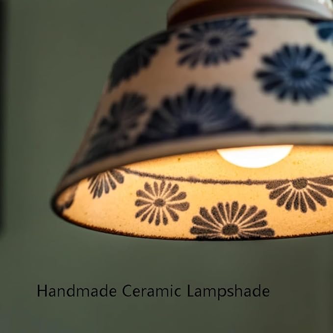 Chinese Retro Pendent Lamp,Indoor Under Glaze Colored Ceramics Ceiling Hanging Light,Adjustable Creative Home Kitchen Island Suspended Lighting Fixture,Bedroom Bedside Chandelier E 26 Base