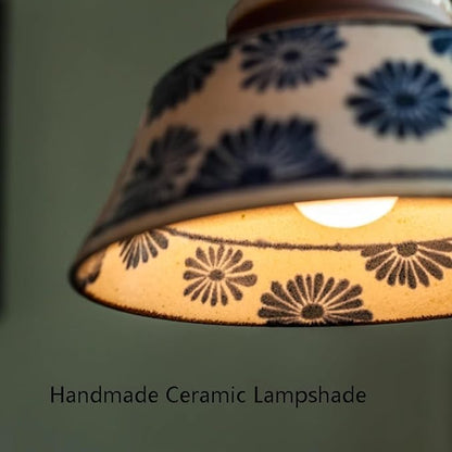 Chinese Retro Pendent Lamp,Indoor Under Glaze Colored Ceramics Ceiling Hanging Light,Adjustable Creative Home Kitchen Island Suspended Lighting Fixture,Bedroom Bedside Chandelier E 26 Base