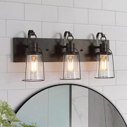 LALUZ Farmhouse Rusty Bathroom Light Fixtures, 3-Light Vanity Lights with Seeded Glass Shade Over Mirror