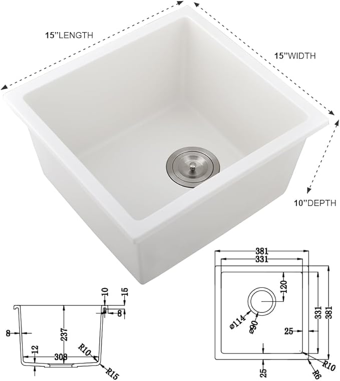 15 Inch White Bar Sink Undemount Quartz-iAnomla 15x15 Inch Undermount Bar Sink Granite Composite Single Bowl Outdoor Rv Sinks Quartz Kitchen Sinks Undermount with Bottom Grid