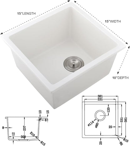 15 Inch White Bar Sink Undemount Quartz-iAnomla 15x15 Inch Undermount Bar Sink Granite Composite Single Bowl Outdoor Rv Sinks Quartz Kitchen Sinks Undermount with Bottom Grid