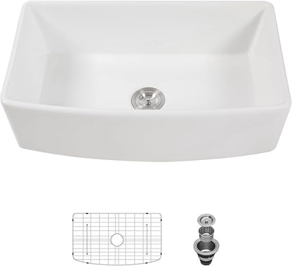 Sarlai 33 White Farmhouse Kitchen Sink Curved Apron - 33 Inch Apron Front Kitchen Sinks White Ceramic 33x19 Single Bowl Porcelain Vitreous Fireclay Farm Sink Basin