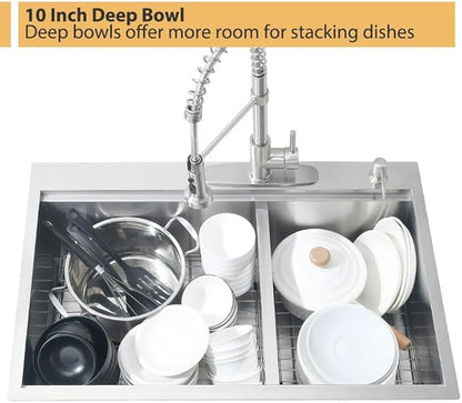 33 Inch Double Bowl Drop In Kitchen Sink Workstation-Bokaiya 33x22 Stainless Steel 60/40 Double Bowl Kitchen Sink 16 Gauge Deep Low Divide Double Sink with Cutting Board