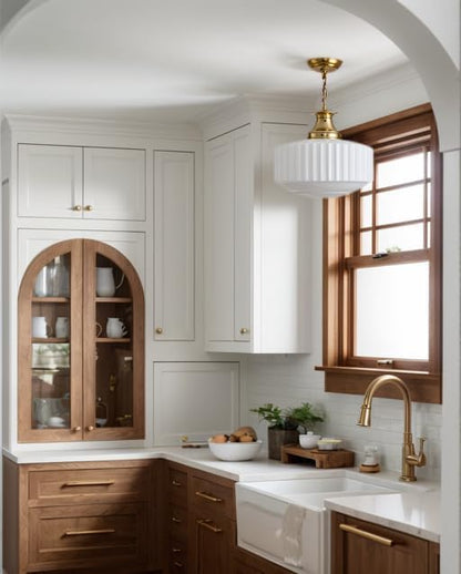 Vintage Brass Milk Glass Pendant Light Fixture, Mid‑Century Modern Chandelier, Antique Schoolhouse Pendant Lights for Kitchen Island, Dining Room, Entryway, Hallway, E26 Base