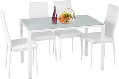 FDW | 5-Piece Dining Table Set | White | Glass Kitchen Table with 4 Upholstered Chairs and Faux Leather Cushions | Space-Saving and Modern Design | for Dining Room, Easy to Assemble