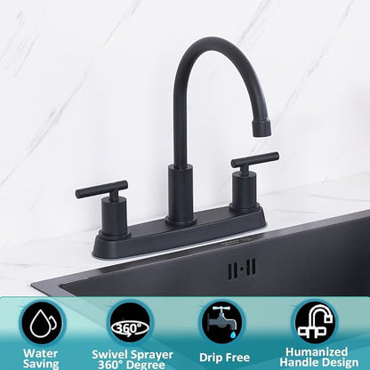 3 Hole Kitchen Faucet, Matte Black Two Handles Kitchen Faucet, RV Kitchen Sink Faucet, 3 Hole or 4 Holel Faucet for Kitchen Sink,TDLKF024W-B
