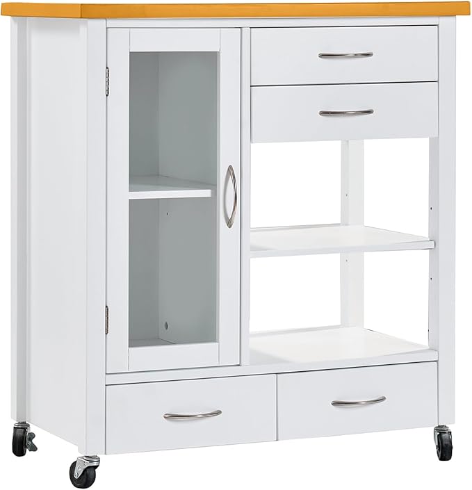American White Oak Dining Car Table – Kitchen Island Cart with Walnut Top, Rolling Storage Cabinet with Drawers and Shelves, White Sideboard Buffet with Glass Door, Towel Bar & Locking Wheels