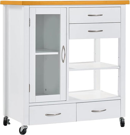 American White Oak Dining Car Table – Kitchen Island Cart with Walnut Top, Rolling Storage Cabinet with Drawers and Shelves, White Sideboard Buffet with Glass Door, Towel Bar & Locking Wheels