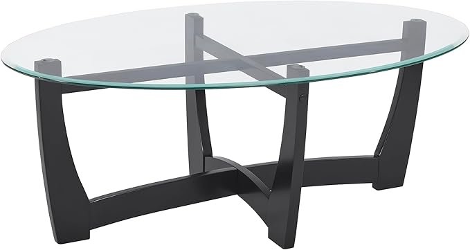 48" Oval Coffee Tables, Modern Center Table with Tempered Glass Tabletop Cross and Solid Wood Base, Small Space Coffee Table for Living Room Black