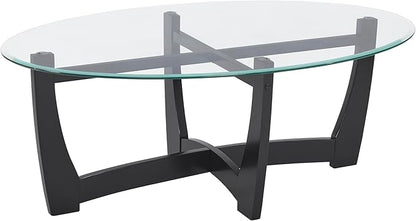 48" Oval Coffee Tables, Modern Center Table with Tempered Glass Tabletop Cross and Solid Wood Base, Small Space Coffee Table for Living Room Black