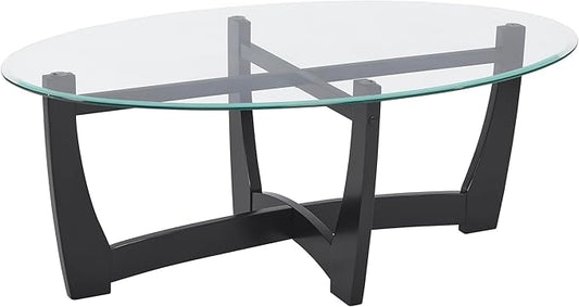 48" Oval Coffee Tables, Modern Center Table with Tempered Glass Tabletop Cross and Solid Wood Base, Small Space Coffee Table for Living Room Black