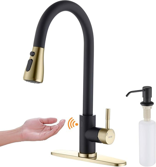 Touchless Kitchen Faucet with Pull Down Sprayer, Motion Sensor Kitchen Faucet with Kitchen Soap Dispenser, Single Handle Pull Out Faucet for Kitchen Sink,Black and Polished Chrome