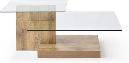 Glass Coffee Table with Storage, 44 Inch Rectangular Coffee Tables for Living Room, 3-Tier Tempered Glass Wooden Center Table Modern Accent Cocktail Table for Home Office (Wood)