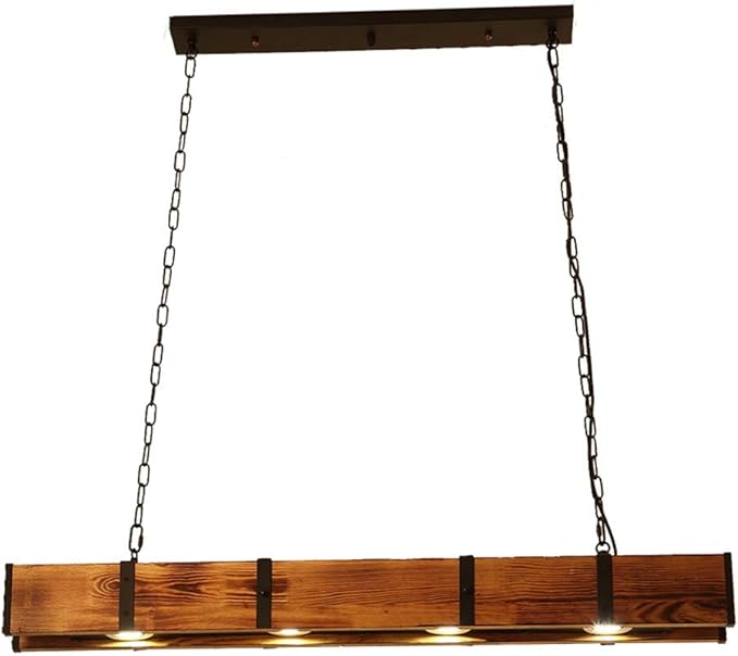 Wood Linear Pendant Lamp, 4 Lights Rustic Linear Chandelier Table Pendant Lamp, Wood Beam Farmhouse Island Hanging Light Fixture for Dining Room Bar Kitchen