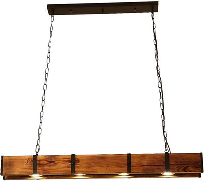 Wood Linear Pendant Lamp, 4 Lights Rustic Linear Chandelier Table Pendant Lamp, Wood Beam Farmhouse Island Hanging Light Fixture for Dining Room Bar Kitchen