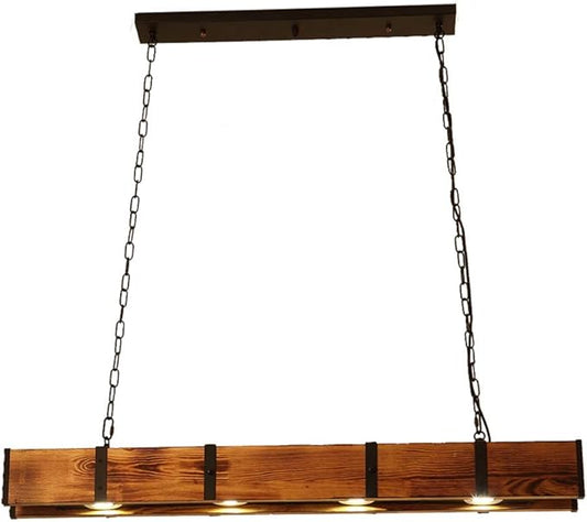 Wood Linear Pendant Lamp, 4 Lights Rustic Linear Chandelier Table Pendant Lamp, Wood Beam Farmhouse Island Hanging Light Fixture for Dining Room Bar Kitchen