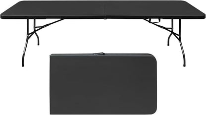 8 FT Folding Table with Carry Handle, Portable Fold-in-Half Plastic Table, Rectangle Foldable Table for Indoor/Outdoor Black