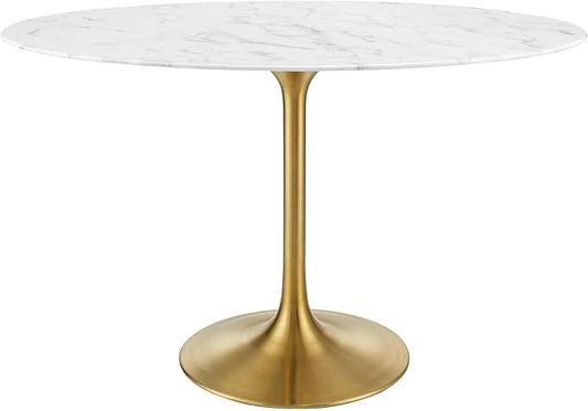 Modway Lippa 48" Oval-Shaped Mid-Century Modern Dining Table with Artificial Marble Top and Gold Base