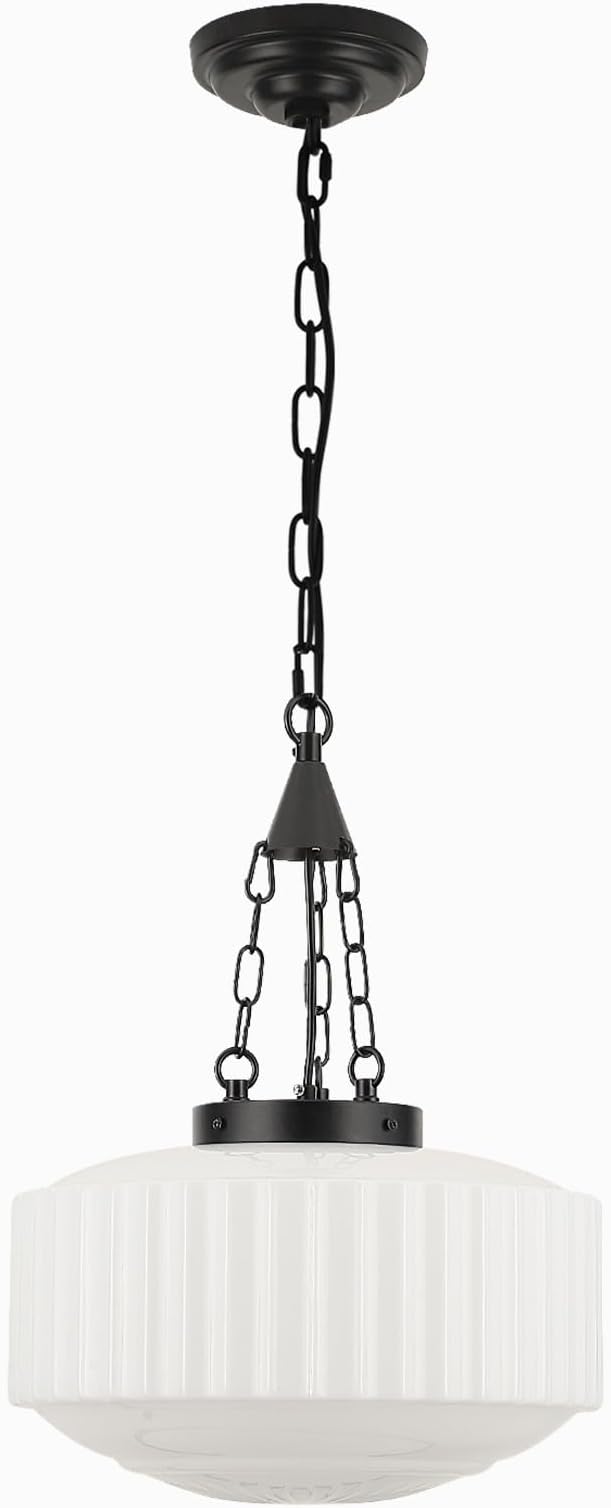 Schoolhouse Pendant Light, 14inch Milk Glass Pendant Light Vintage Black Chandelier Adjustable Height Mid Century Modern Pendant Lighting for Kitchen Island Dining Room Foyer Hallway