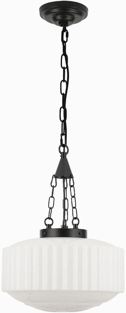 Schoolhouse Pendant Light, 14inch Milk Glass Pendant Light Vintage Black Chandelier Adjustable Height Mid Century Modern Pendant Lighting for Kitchen Island Dining Room Foyer Hallway