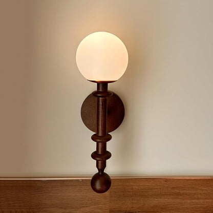 Vintage Wood Wall Sconce Globe Glass Wall Lamp with Pull Chain Switch, Farmhouse Bedside Aisle Deco Lighting Fixture Retro Modern Wooden Wall Light for Living Room Hallway Stairs, E27