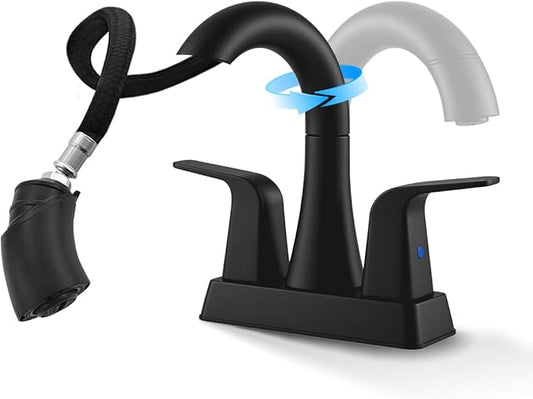 ‌BRAVEBAR Matte Black Bathroom Faucet 4 Inch Centerset 3 Hole, 2 Handle Faucet with Heat-Resistant Pull-Out Sprayer, 360° Swivel Spout & Pop-Up Drain, BF-116B