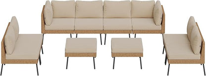 Aoxun 10 Piece Patio Furniture Set, 10 Seats Outdoor Sectional Sofas with Thick Cushion, Wicker Outdoor Patio Furniture Set with Ottomans for Party, Garden, Backyard, Beige