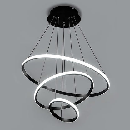 Viruhaka Modern LED Pendant Light, Adjustable Height Circular Entrance Black 3 Ring Circular Chandelier Fixture, Suitable for Restaurants, Kitchens, Islands, Living Rooms, Cafes, Etc. (4000K)