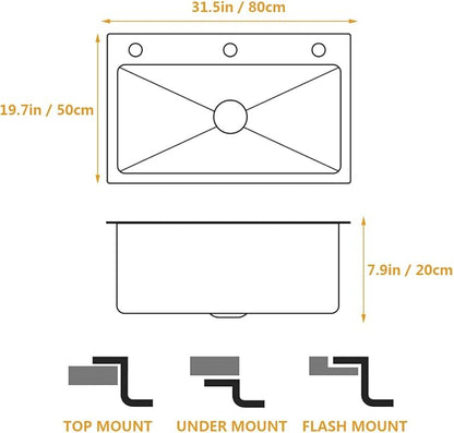 ARTLINE 16 Gauge Black Kitchen Sink, 3 Hole Stainless Steel Kitchen Sink, Drop In/Topmount Single Bowl Workstation Sink, Farmhouse Workstation sink with Multiple Accessories (31.5 x 19.7in)