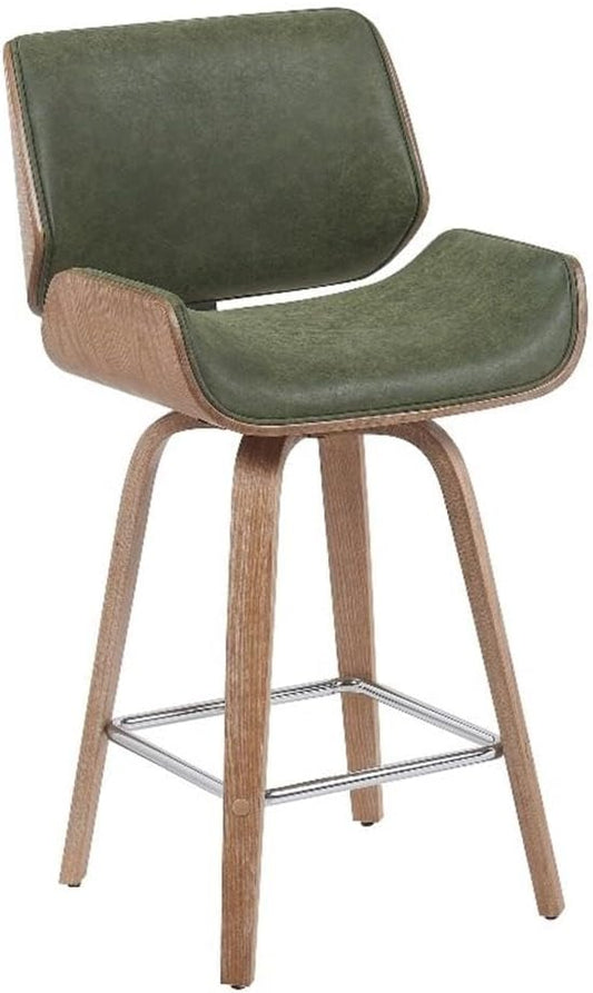 Armen Living Tyler Modern Counter Height Swivel Bar Stool with White Wash Finished Wood and Vintage Green Upholstery
