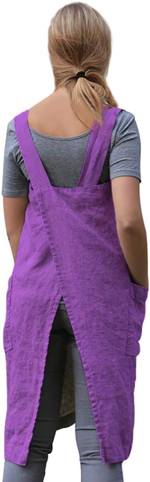 Larmliss Women's Pinafore Square Apron Baking Cooking Gardening Works Cross Back Cotton/Linen Blend Dress with 2 Pockets
