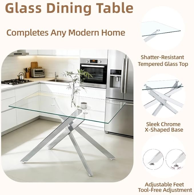 51.18" Rectangular Glass Dining Table, Tempered Glass Small Kitchen Table with Metal Tubular Legs, Stylish and Sturdy Silver Dinner Table for Home and Outdoor