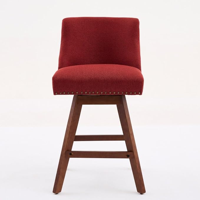 Comfortable Upholstered Swivel Bar Stool with Wooden Legs and Soft Fabric Seat for Kitchen Island or Home Bar Use (Wine RED + Wood+Fabric + Foam)